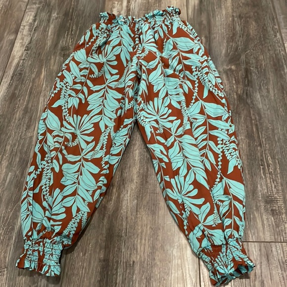 Janie and Jack Girl’s Floral Aqua & Brown Lined Jogger Pants Size 7 - Picture 1 of 7